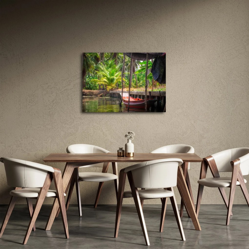 Obraz - Drewniana łódź na kanale, Tajlandia (70x50 cm)