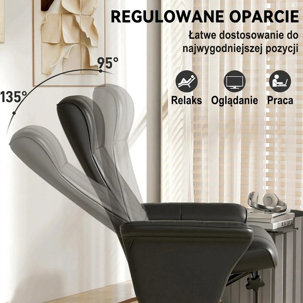 HOMCOM Fotel obrotowy ergonomiczny z podnóżkiem czarny wygodny fotel relaksacyjny do salonu do 150 kg | Aosom PL