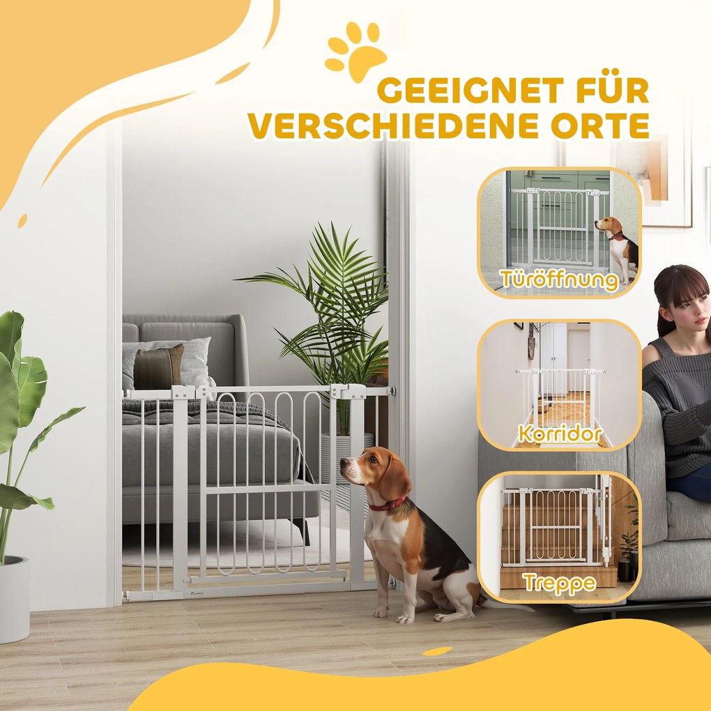 PawHut 76 cm wysokości bramka dla zwierząt do ram drzwi, korytarzy i schodów, 76-104 cm szerokości, Metal i Plastik, Biały