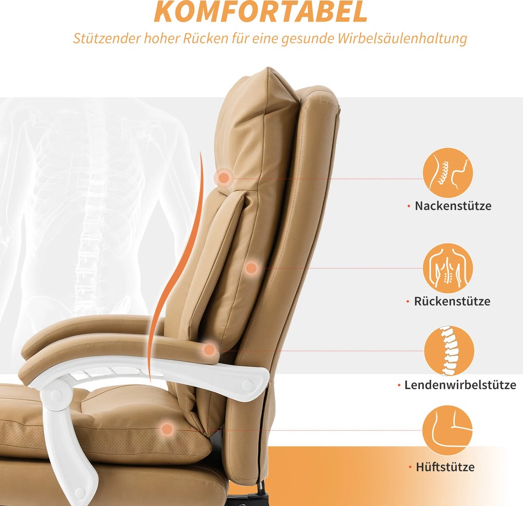 HOMCOM Ergonomiczny fotel biurowy z wsparciem lędźwiowym, składany podłokietnik, delikatny brązowy podnóżek