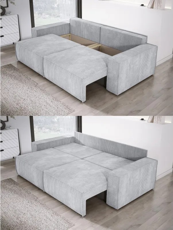 Kanapa KASJO Lewostronny Sofo-Narożnik z funkcją spania i poduszkami, 2x pojemnik POSO 110 Popielaty DOMOHOME