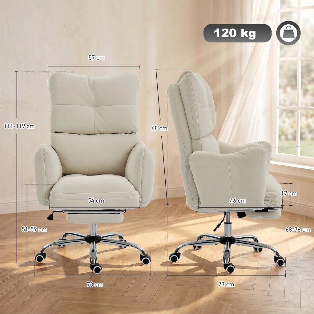 HOMCOM Fotel biurowy z podnóżkiem, ergonomiczny fotel gamingowy i komputerowy, śnieżnobiały flanel, grube wypełnienie | Aosom PL