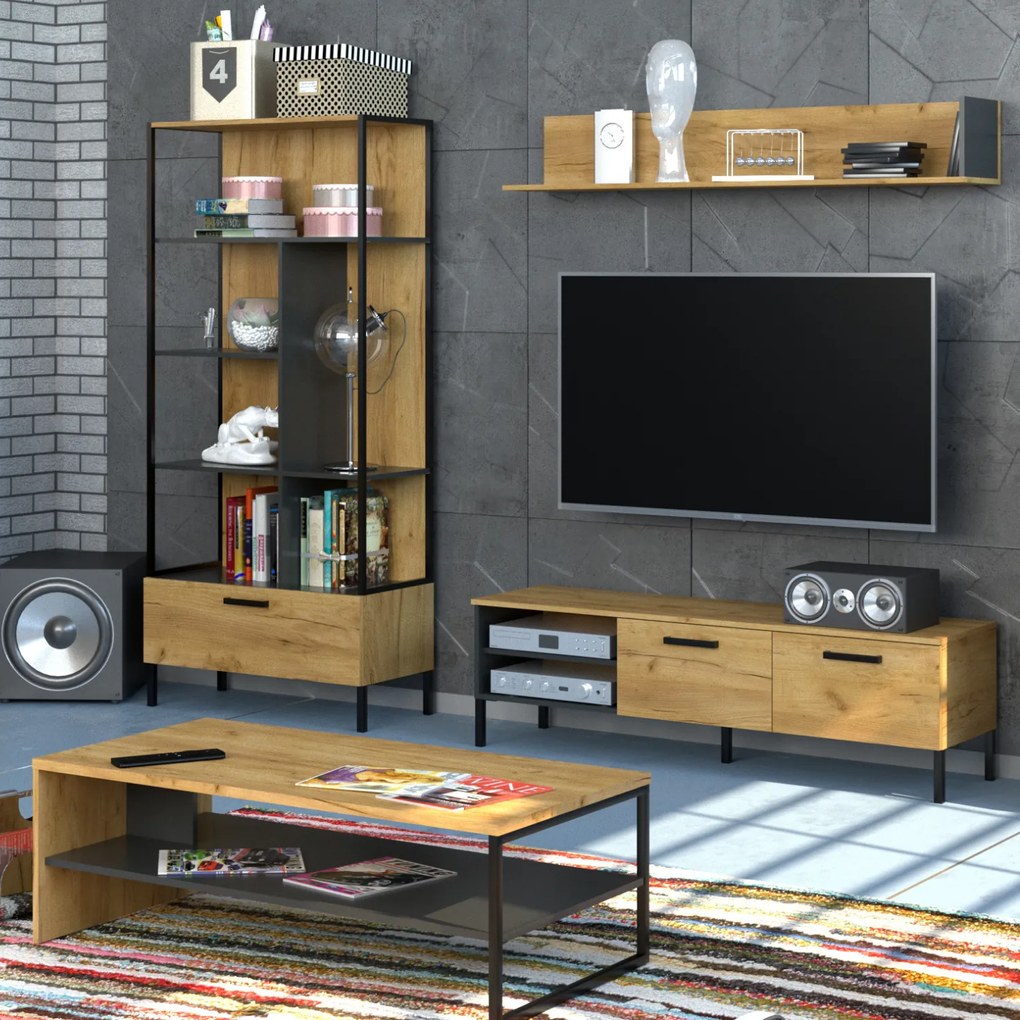 Ława z Półką do Salonu LUXE 120 cm Dąb craft złoty/Antracyt Loft