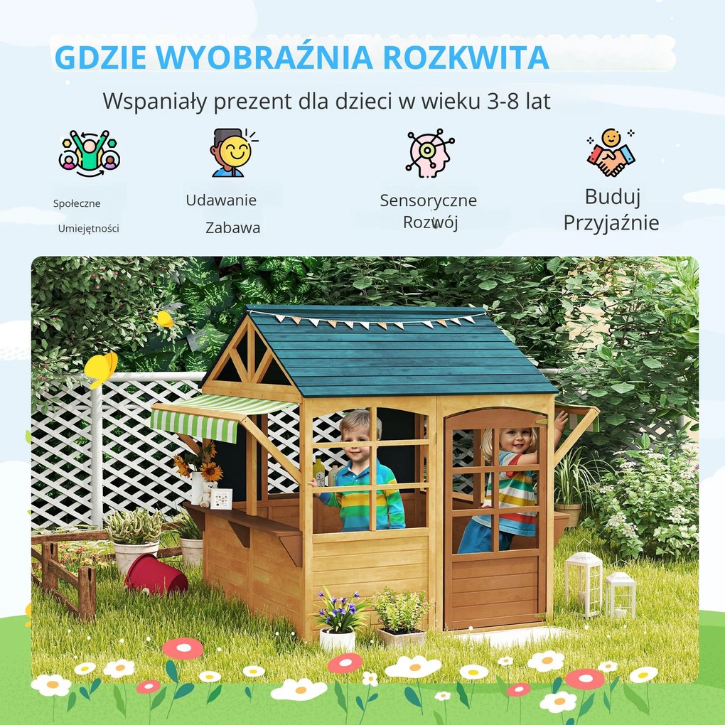 AIYAPLAY Drewniany domek do zabawy Tannenholz, Składany domek z oknami, drzwiami, dla dzieci w wieku 3-8 lat, Brązowy+Niebieski