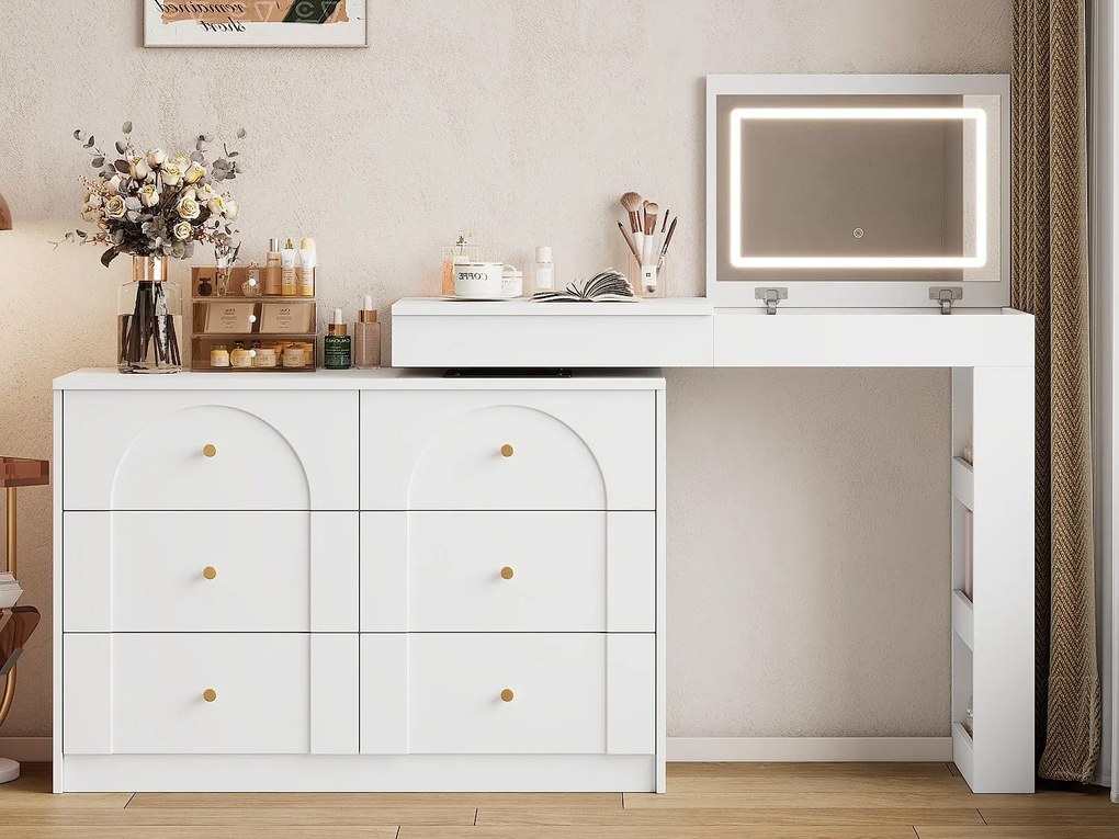 Toaleta z oświetleniem LED 105x40x80 cm - z 7 szufladami - z przegrodami do przechowywania - biała