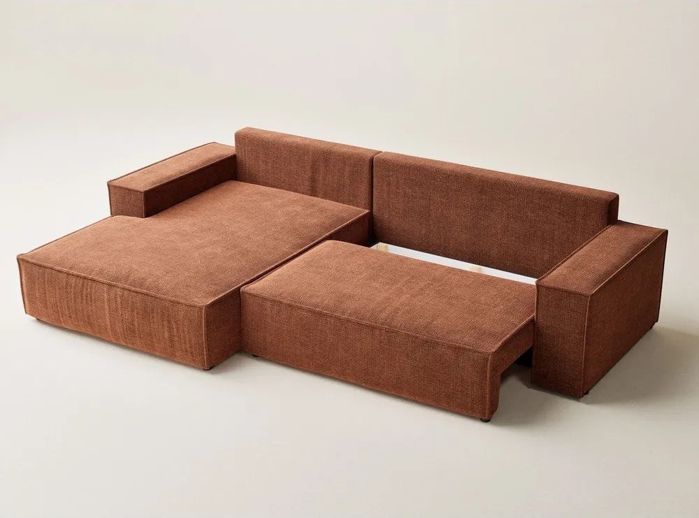 Rozkładany narożnik ze schowkiem z tkaniny szenilowej (lewostronny/z szezlongiem) w kolorze miedzi Maze – Maison de Rêve