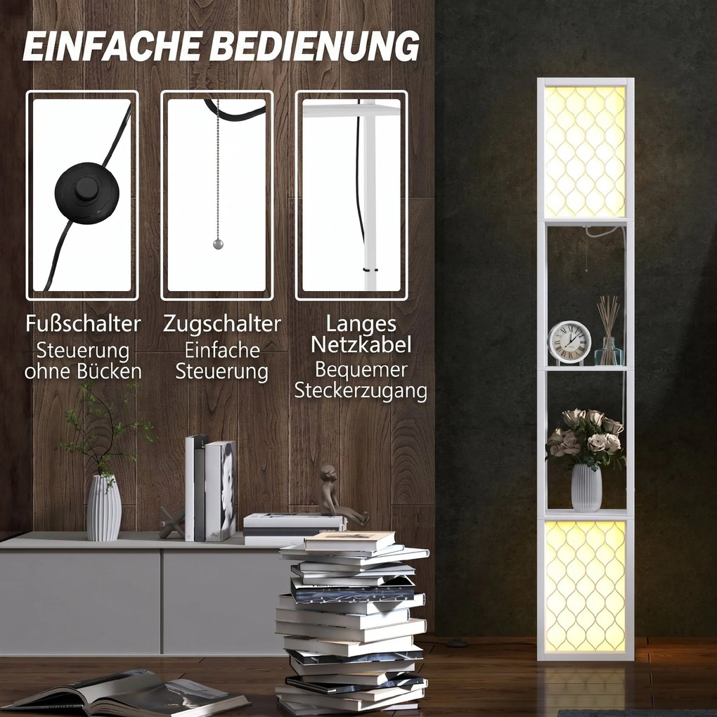 HOMCOM Lampa stojąca w nowoczesnym designie, 2 półki, łańcuszek włącznika, 26 cm x 26 cm x 156 cm, biały | Aosom PL