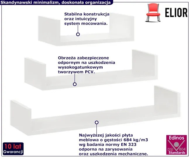 Komplet 3 Białych Półek Ściennych Horux