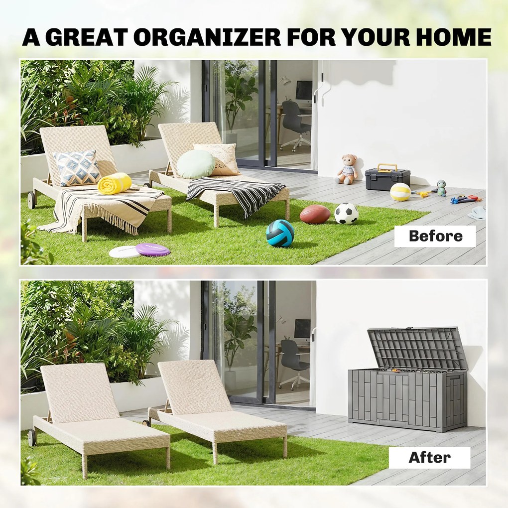 Outsunny Skrzynia Ogrodowa 227 l Wodoodporna Zamykana na Klucz UV Odporna z Teksturą Drewna do Ogrodu 106,5x43x54,5cm Szara | Aosom PL