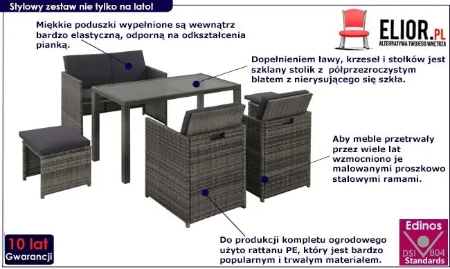 Szary zestaw mebli ogrodowych z poduszkami – Charlene