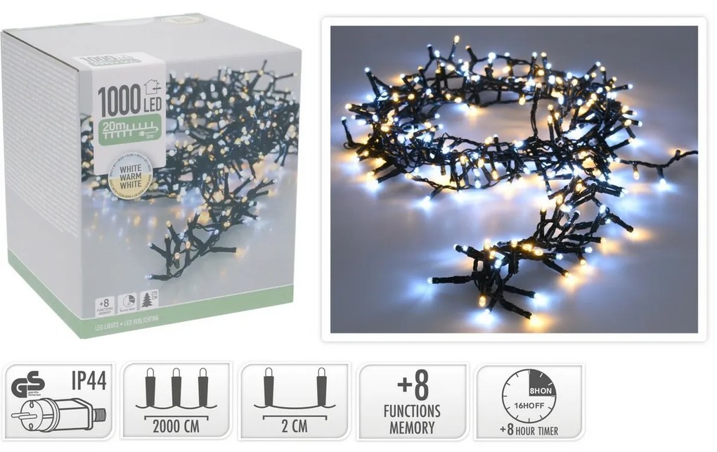 Zewnętrzny łańcuch świetlny 20 m, 1000 diod LED, ciepła biała + biała, timer, IP44, 20 m