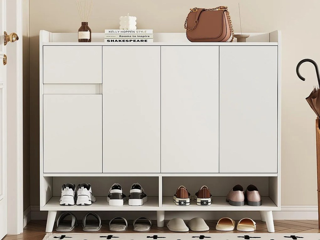 Nowoczesna szafa na buty 120×35×99 cm - 4 drzwi i 1 szuflada - biały