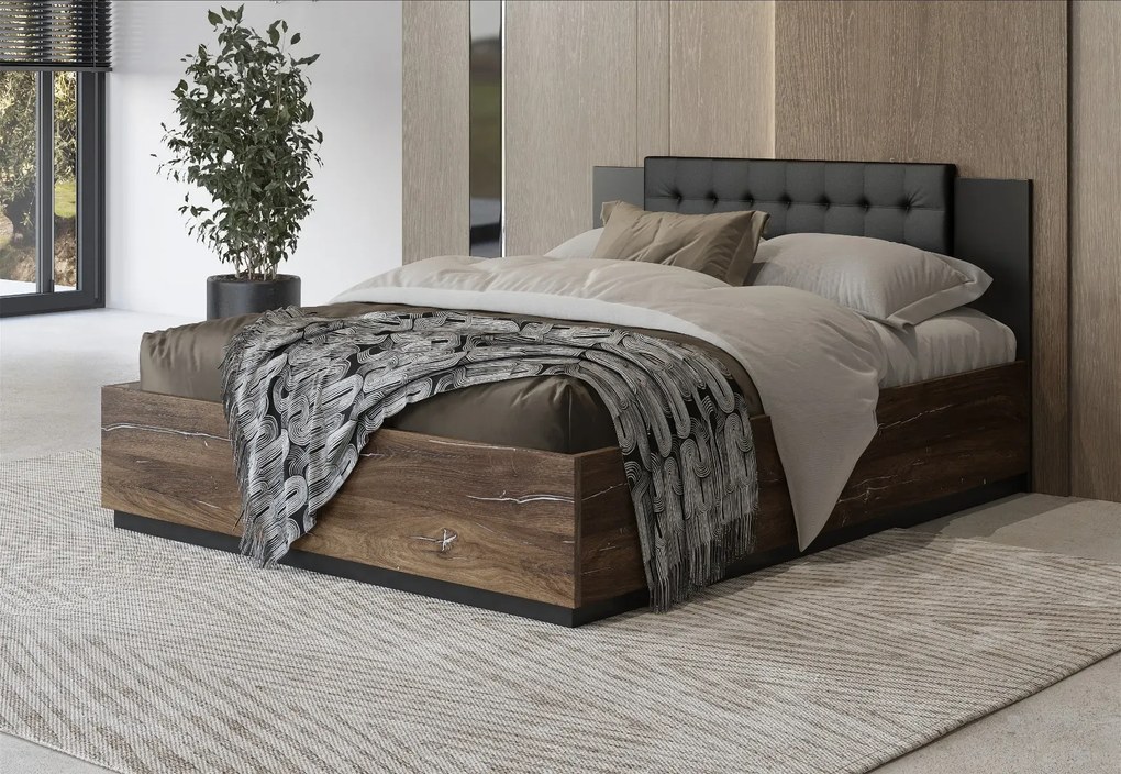 Łóżko SIGMA 140x200 dąb flagstaff srebrny/czarny mat z tapicerowanym zagłówkiem HELVETIA