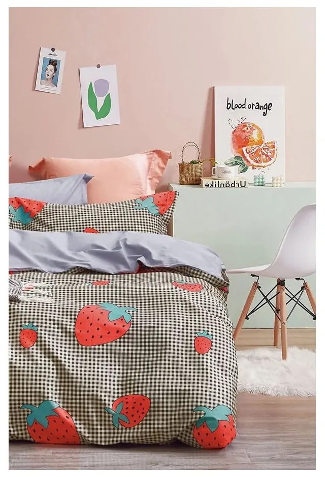 Pościel jednoosobowa z bawełny renforcé z prześcieradłem 160x220 cm Strawberry – Mila Home