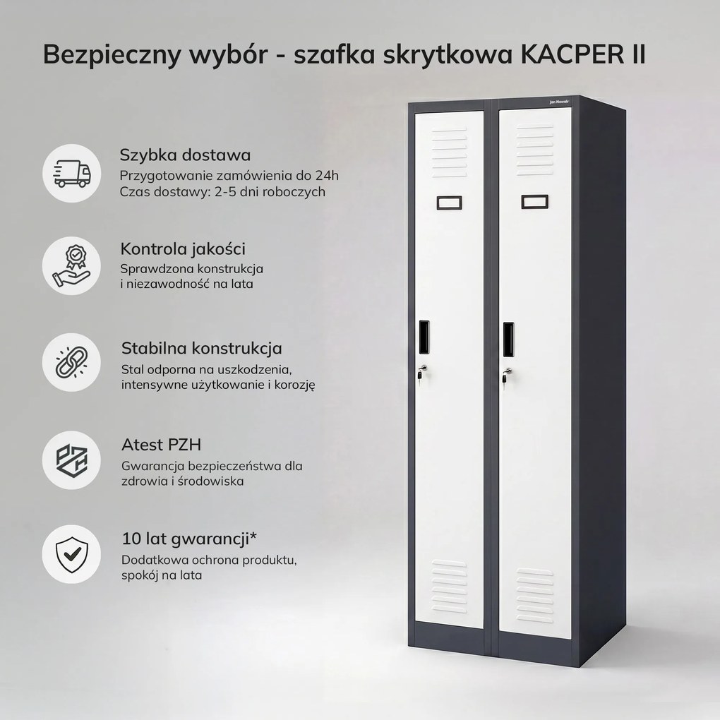 Szafka pracownicza dwukomorowa antracytowo-biała: KACPER II, 600 x 1800 x 500 mm