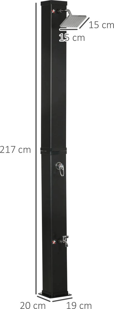 Outsunny Solarna prysznic z obracającą się o 360° głowicą, prysznic do stóp, podgrzewanie wody do 60°C, czarny, 19 x 20 x 217 cm