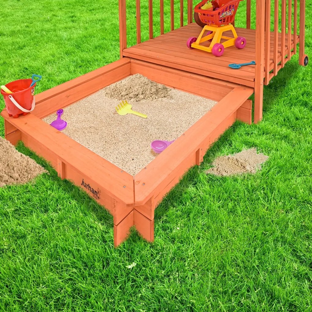 Piaskownica z werandą HAPPY, lita sosna 130 x 130 x 143 cm, brązowo szary Jurhan