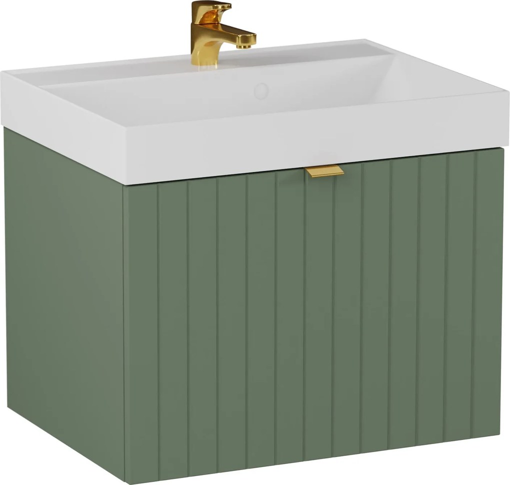 Szafka łazienkowa wisząca zielona lamelowe fronty 60 x 45 cm z umywalką z otworem CUSCO