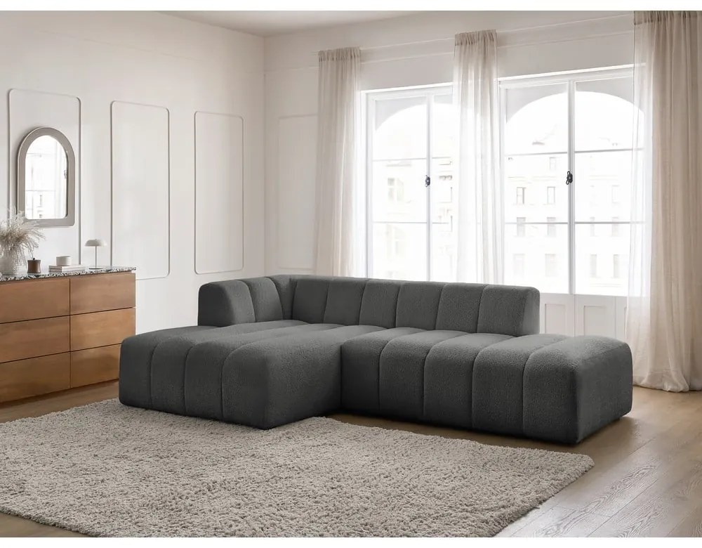 Ciemnoszary narożnik z materiału bouclé (lewostronny/z szezlongiem) Annecy – Bobochic Paris