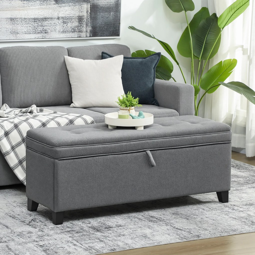 HOMCOM Ławka z pojemnikiem, tapicerowana 120x40x48 cm z zawiasami zabezpieczającymi, w optyce lnu, ciemnoszary | Aosom PL