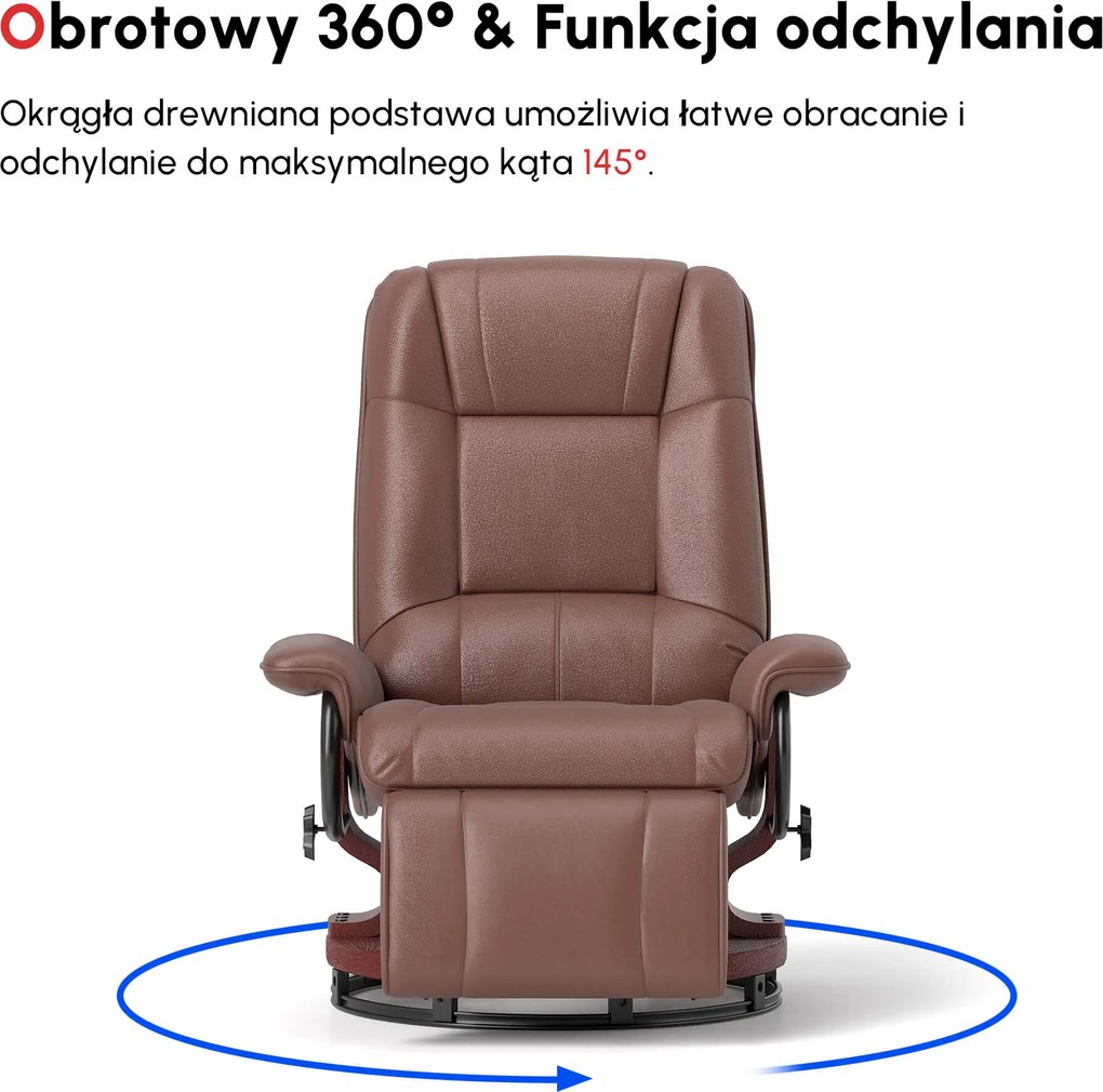 HOMCOM Fotel Relaksacyjny, 145° Regulowane Oparcie, Podnóżek, Skóra Ekologiczna, Obrotowy, do 120 kg, Brązowy