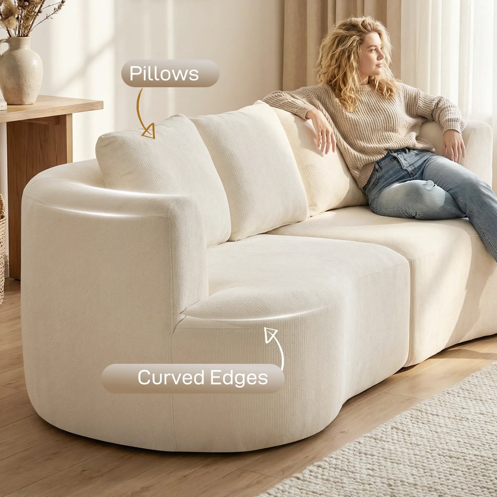 HOMCOM Sofa 3-osobowa, 260 cm sofa chenille z szerokim siedziskiem, sprężyny kieszeniowe, pianka o wysokiej gęstości, 3 poduszki, kremowa biel | Aosom PL