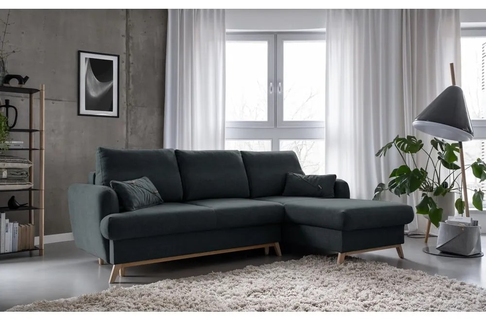 Ciemnoszary rozkładany/ze schowkiem narożnik (prawostronny/z szezlongiem) Scandic Lagom – Miuform