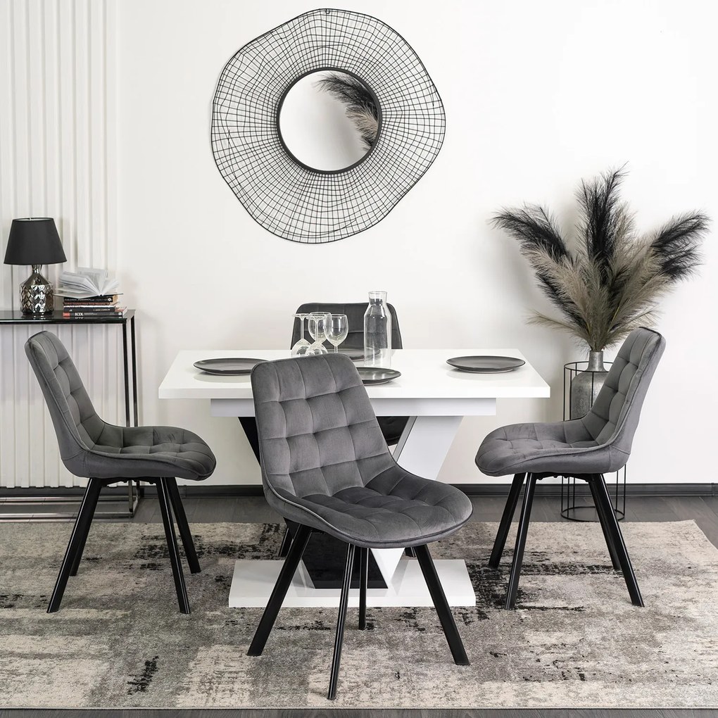 Zestaw Stół Prostokątny Rozkładany CLARK 120-160 cm Czarny/Biały Połysk i 4 Krzesła Tapicerowane do Salonu RICK Szare Welurowe