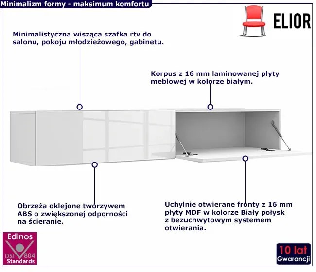 Długa wisząca szafka rtv biały połysk 180 cm - Falmi