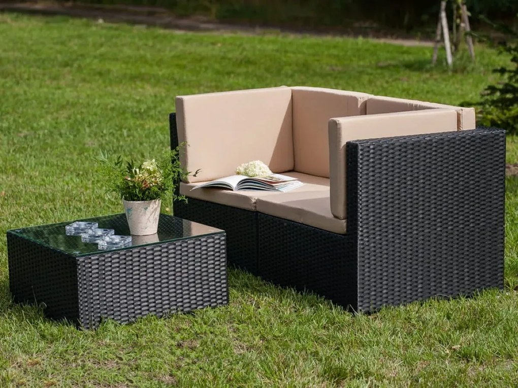 Sofa dwuosobowa ze stolikiem z technorattanu TINTO czarny