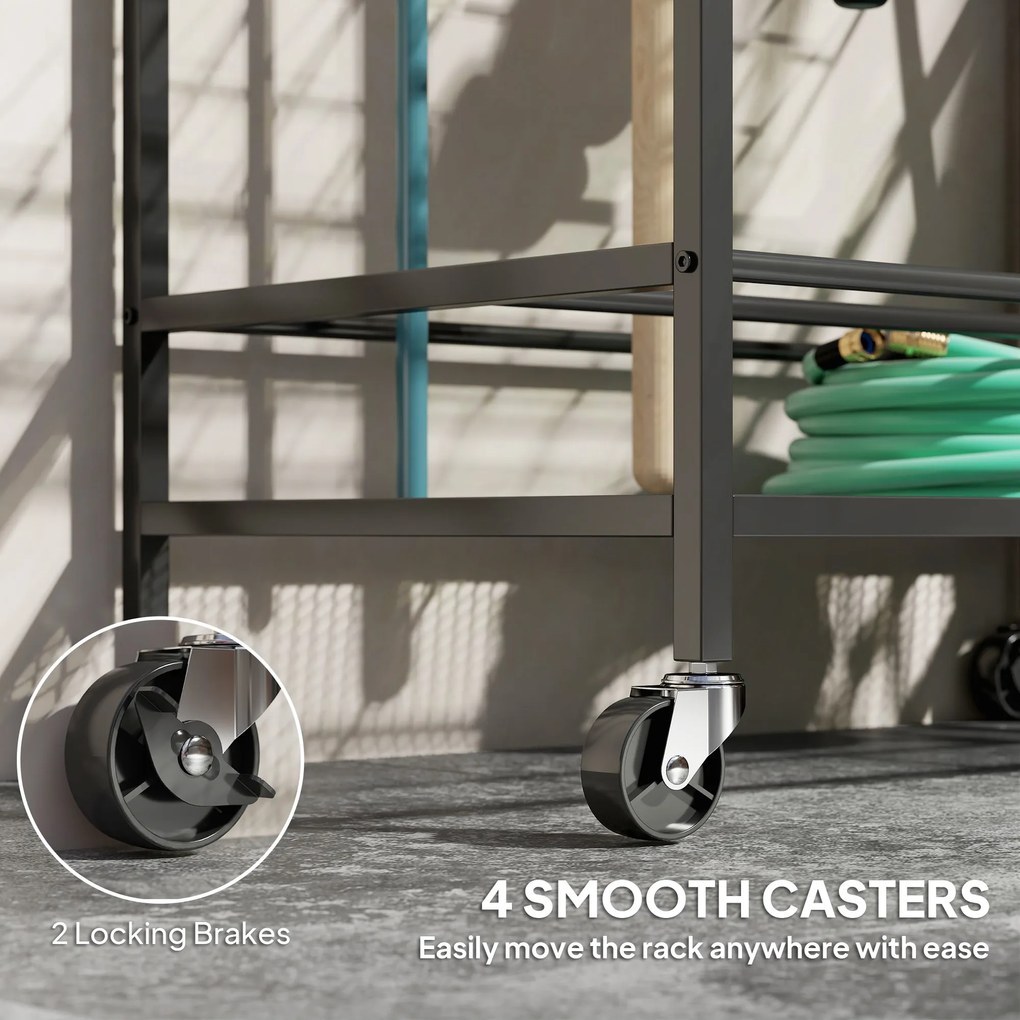 Outsunny Organizer Narzędzi Ogrodowych 3-poziomowy Stojak na Narzędzia Ogrodowe z Hakami do 40 kg 77x40x97cm Czarny