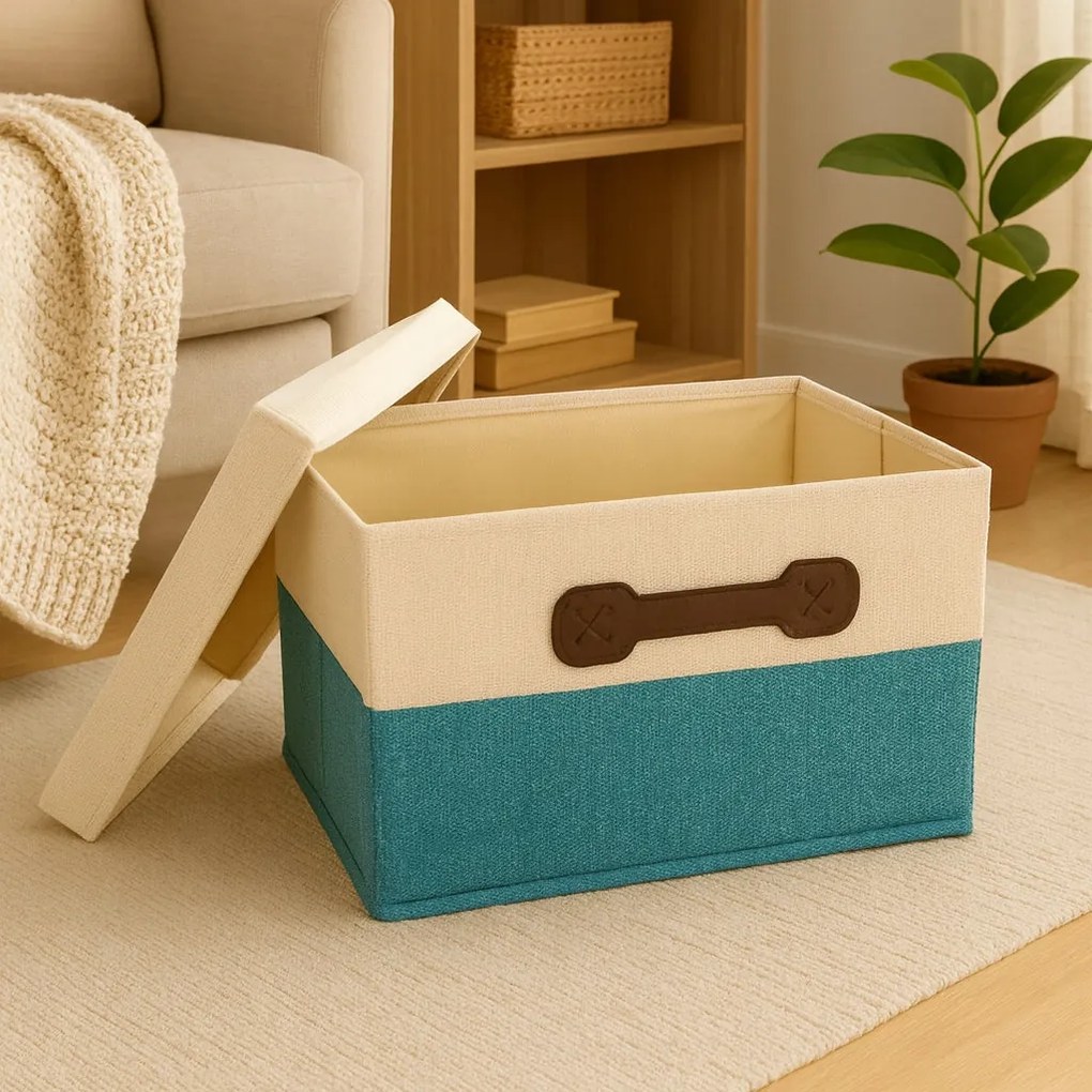 Organizer Tekstylny Turkusowy 38x28x18 cm Beżowy Pudełko z Pokrywą do domu