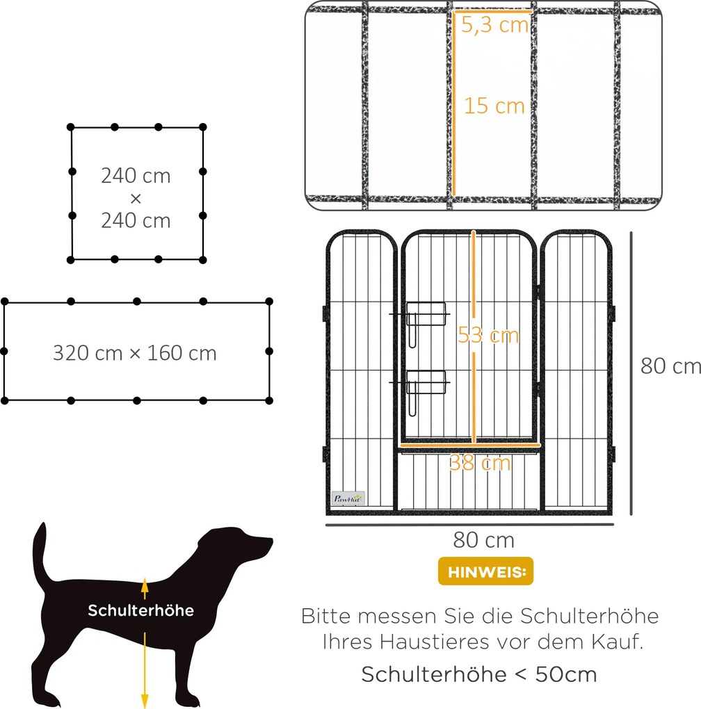 PawHut Wybieg dla Szczeniąt, Zagroda Dla Domowych Zwierząt, 12 Paneli 80x80 cm, 2 Drzwi, Ramy Stalowe, Szary