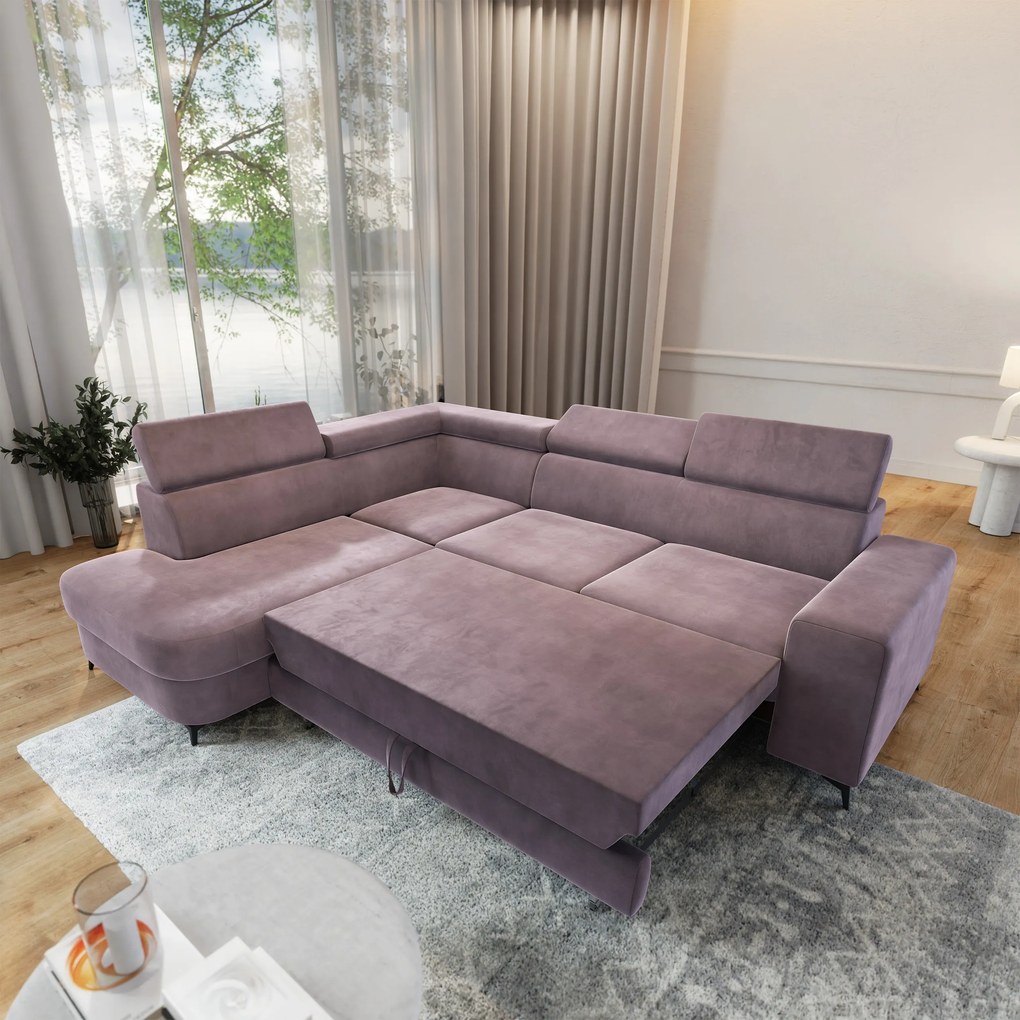 Masseno Narożnik ALVORO z funkcją spania i pojemnikiem na pościel Narozniki L, Rozkładana sofa - Wrzosowy, MONOLITH 62