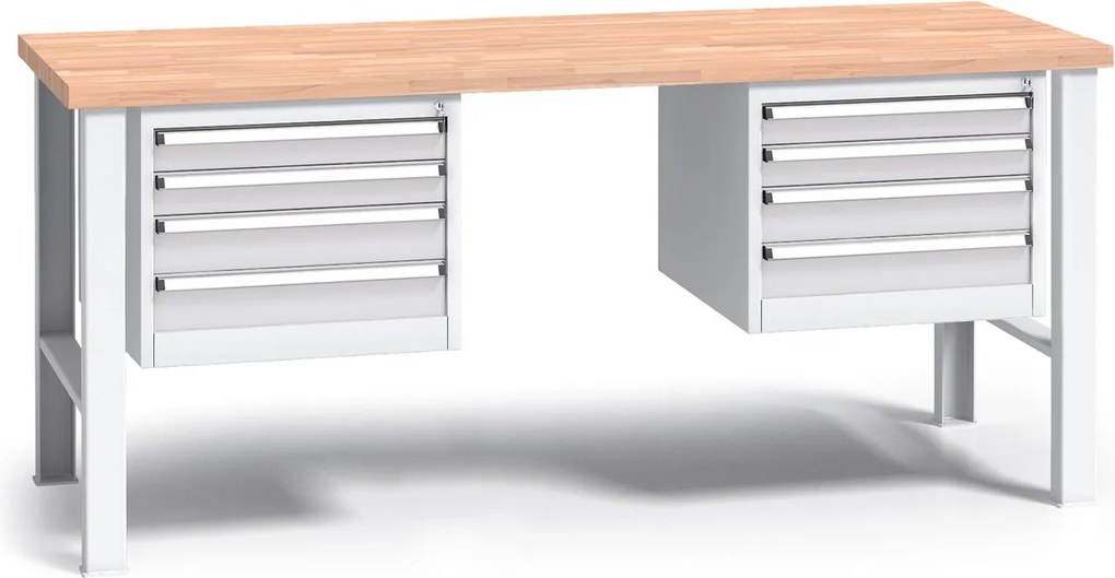 Profesjonalny stół warsztatowy G3 z drewnianym blatem roboczym, 2000 mm, 2x 4 szufladowy kontener, szary