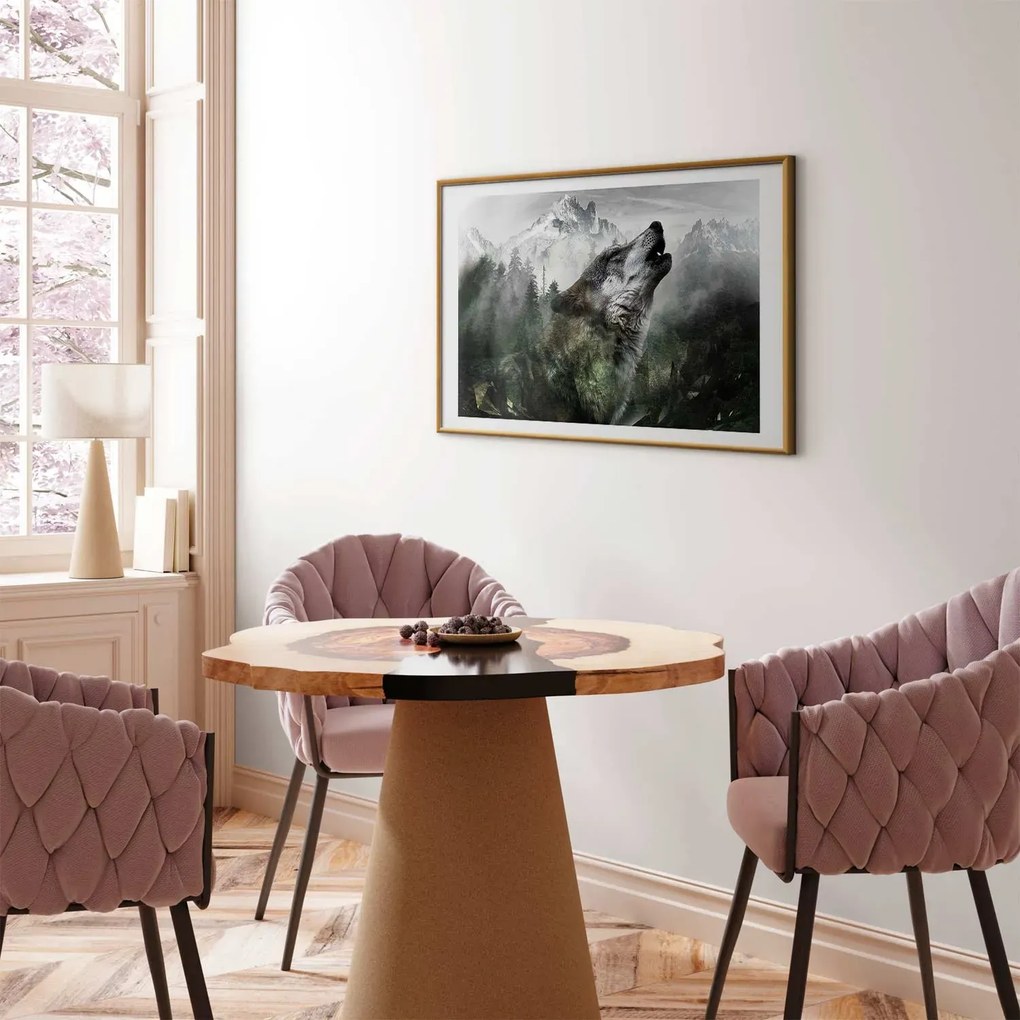Plakat Wyjący wilk 90x60 cm z ramą złotą z marginesem ARTGEIST B