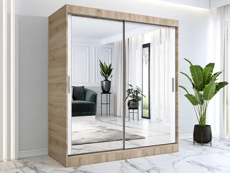 Szafa przesuwna z lustrem dąb sonoma + biały 180 cm - Kukkin 5X