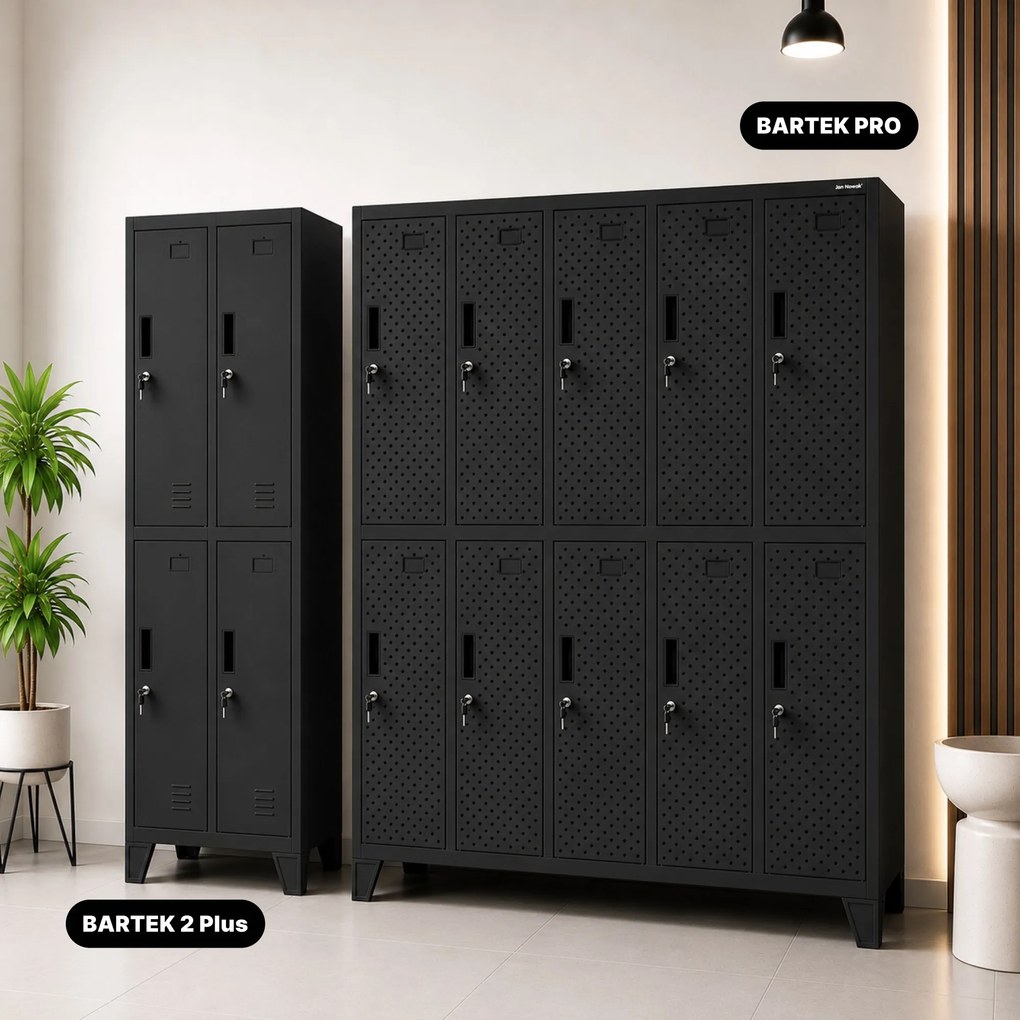 Szafka BHP ubraniowa, skrytkowa, perforowana, 10 skrytek, czarna, 1360x1720x450 mm: BARTEK PRO