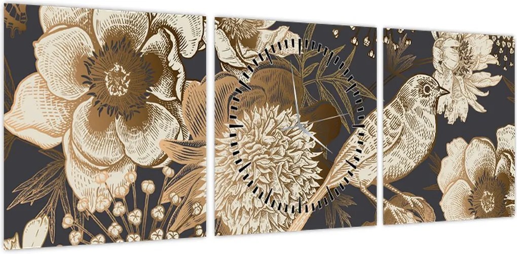 Obraz złotych kwiatów na ciemnym tle (z zegarem) (90x30 cm)