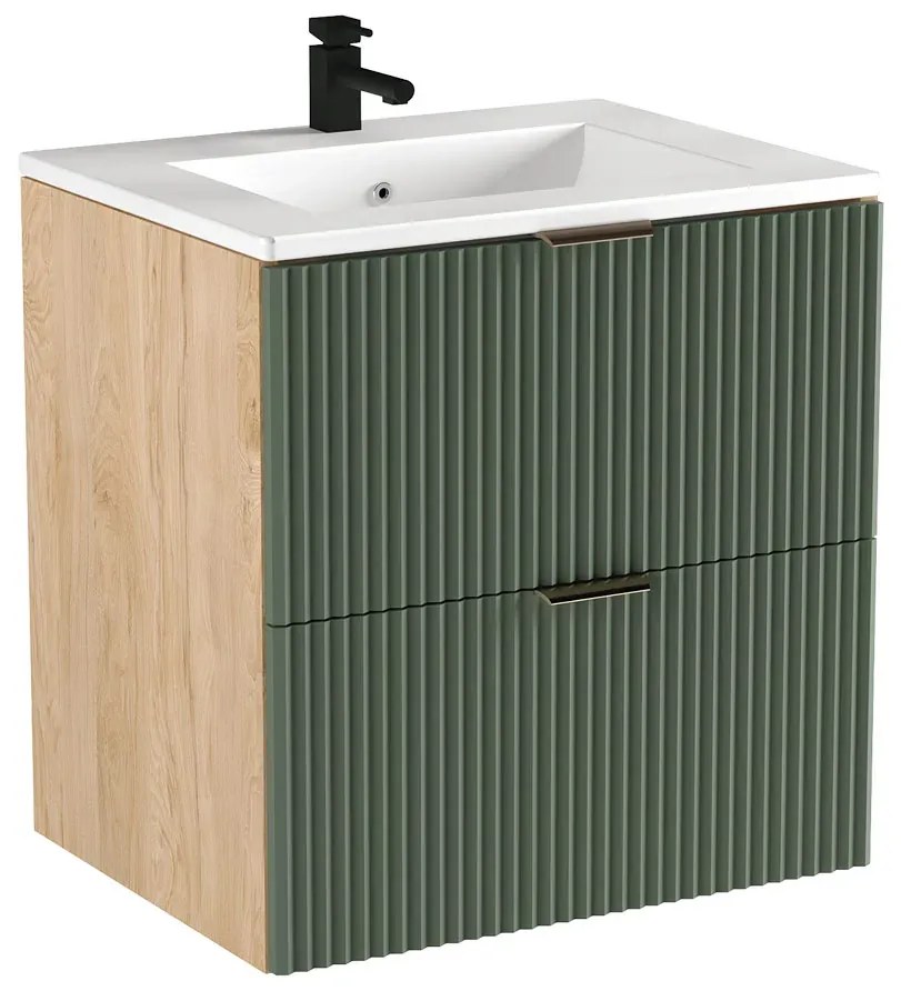 Umywalka wpuszczana z ryflowaną szafką ścienną szałwiowy + orzech L5-A29