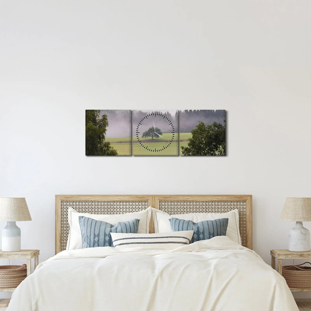 Obraz łąki z drzewem (z zegarem) (90x30 cm)