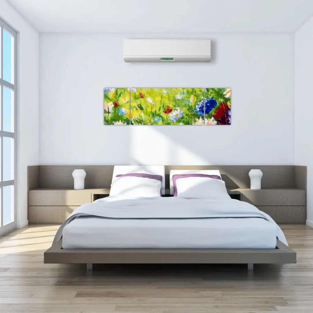 Obraz kwitnącej łąki, obraz olejny (170x50 cm)