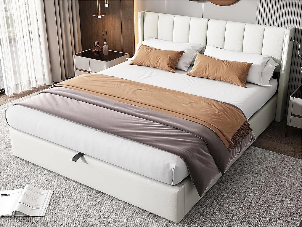 Łóżko z tapicerowanym zagłówkiem z ekoskóry - 160x200cm - z portem USB i LED - zagłówek z regulowanym kątem - Białe