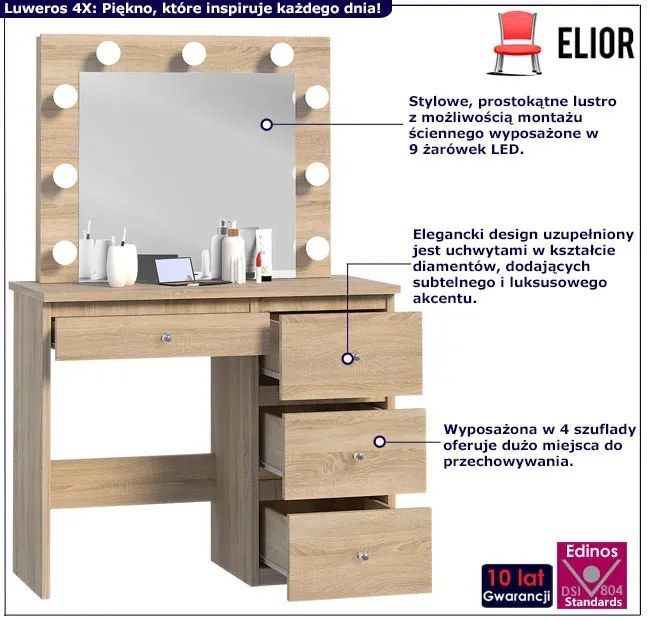 Toaletka glamour z podświetlanym lustrem dąb sonoma - Kaviro 4X