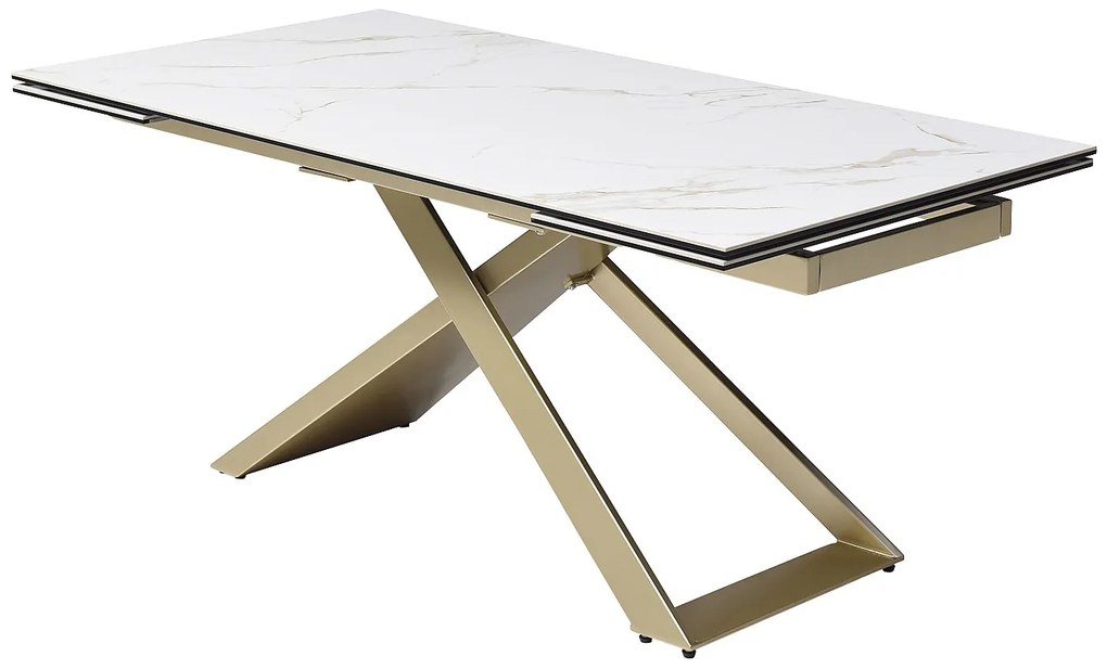 Stół do jadalni rozkładany dla 6 do 10 osób z ceramiki, szkła hartowanego i metalu - Efekt białego marmuru i Złoty - XERENA marki Maison Céphy