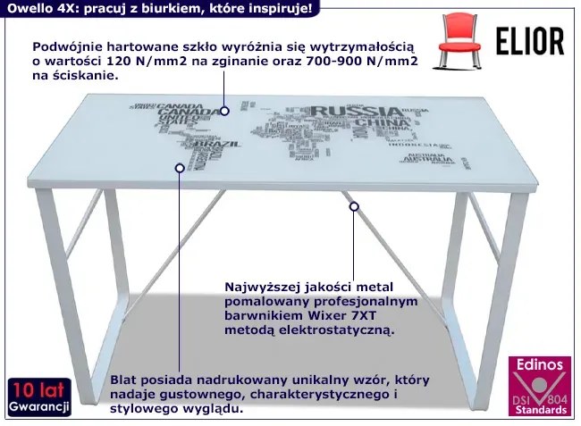 Szklane białe biurko z nadrukiem mapy świata - Meltis 4X