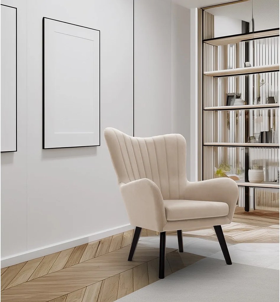 Fotel TED z tkaniny Velluto, wysoka oparcie, szerokie siedzisko, czarne nogi, pionowe przeszycia, 76x78x100 cm, beżowy