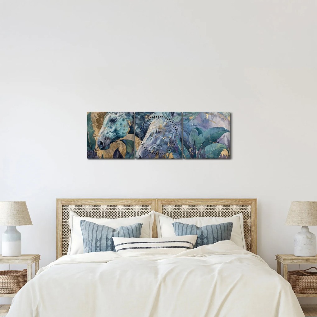 Obraz - Konie na złotym tle (z zegarem) (90x30 cm)