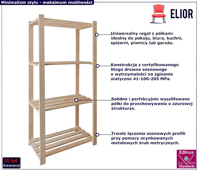 Regał z półkami z drewna sosny Wertes
