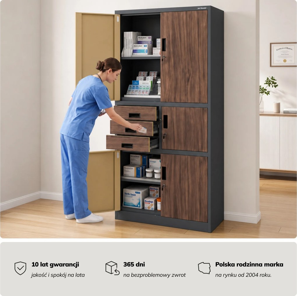 Szafa biurowa metalowa z sejfem antracytowa/orzech, 900x1850x400 mm: FILIP II Eco Design